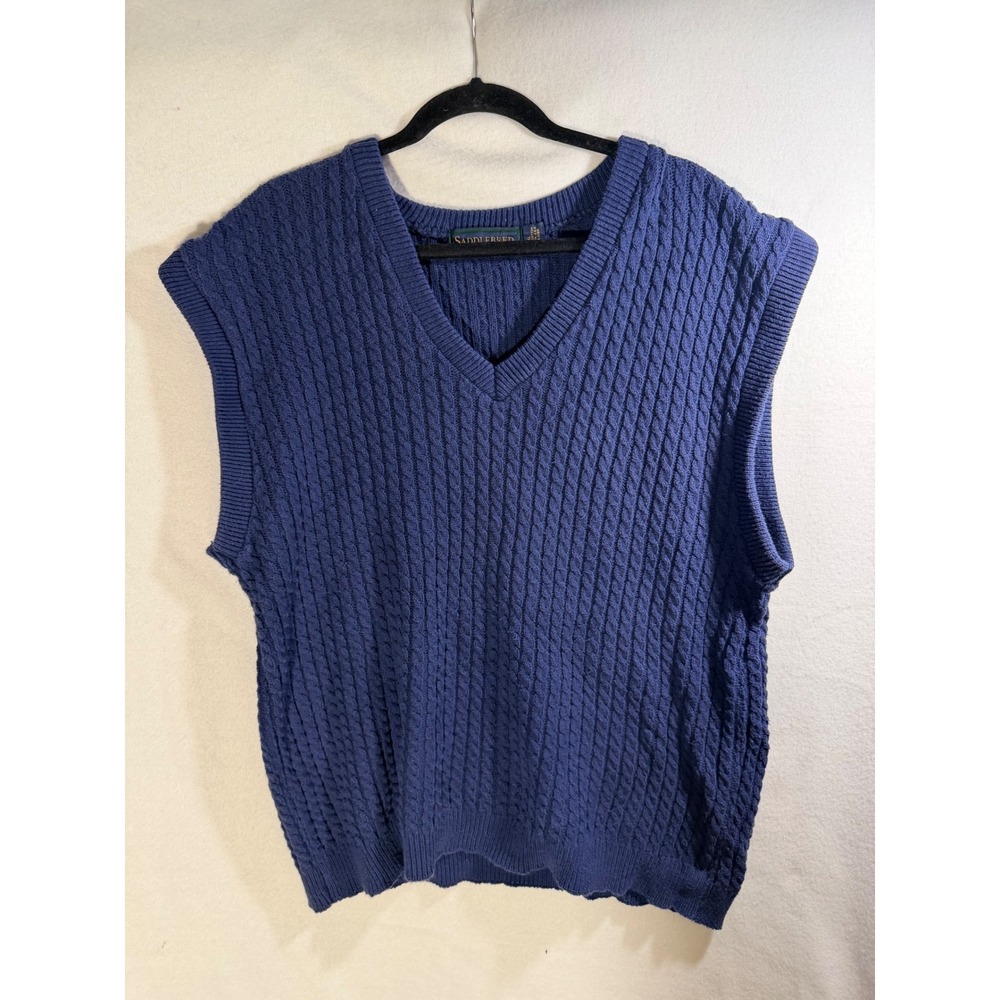 Saddlebred Mens XL Blue Cable Knit Sweater Vest V-Neck 100% Cotton Made in USA